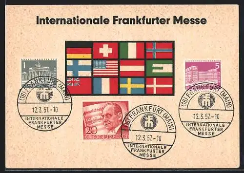 AK Frankfurt, Internationale Messe 1957, Länderflaggen