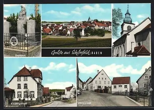 AK Schönfeld / Grossrinderfeld, Ortsansicht, Kirche, Denkmal, Kindergarten, Marktplatz