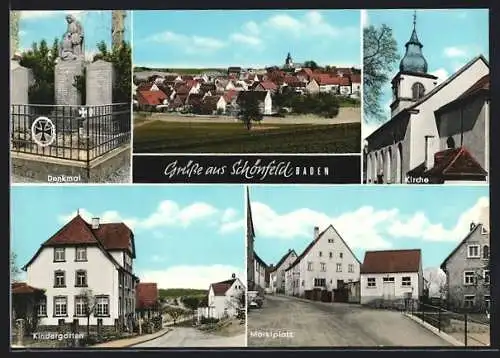 AK Schönfeld / Grossrinderfeld, Ortsansicht, Kirche, Denkmal, Kindergarten, Marktplatz