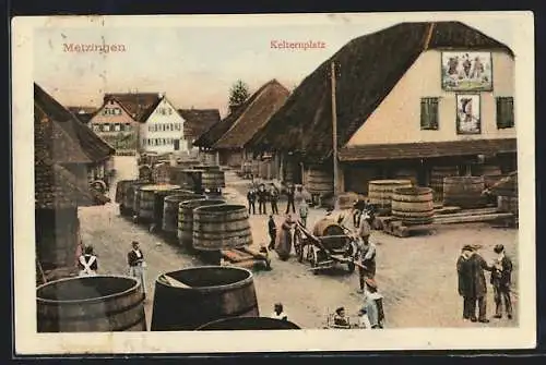 AK Metzingen / Württ., Blick auf den Kelterplatz mit grossen Bottichen