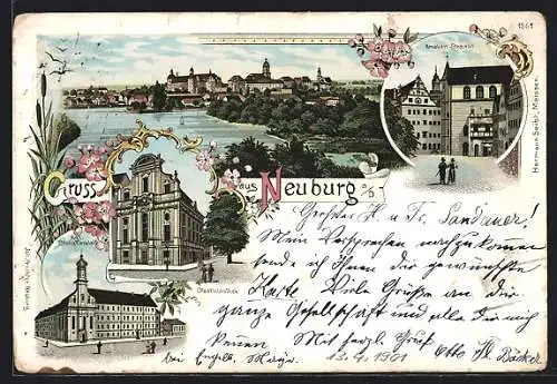 Lithographie Neuburg / Donau, Königliche Studienanstalt, Stadtbibliothek, Amalien-Strasse