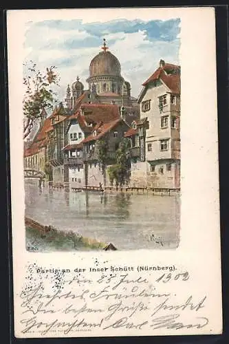 Künstler-Lithographie Nürnberg, Partie an der Insel Schütt, Synagoge