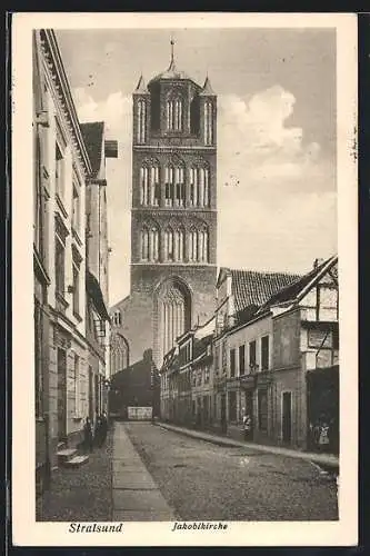 AK Stralsund, Strassenpartie mit Jakobikirche