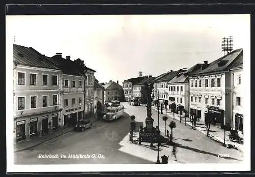 AK Rohrbach /Mühlkreis, Hauptplatz mit Geschäften und Mariensäule