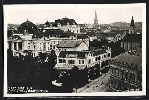 AK Graz, Opernhaus mit Herz Jesu- und Heilandskirche