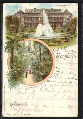 Lithographie Frankfurt-Westend, Blick auf den Palmengarten mit Wasserspiel und Palmenhaus