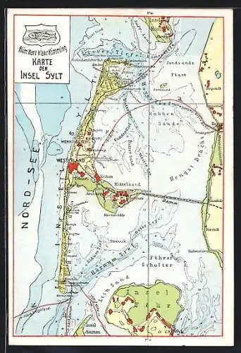 Künstler-AK Keitum /Sylt, Landkarte mit Mittelsand, Westerland und Jordsand