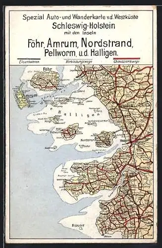 AK Amrum, Spezial Auto- und Wanderkarte v. d. Westküste Schleswig-Holsteins mit den Inseln