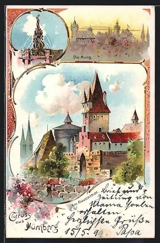 Lithographie Nürnberg, Stadtpartie, Brunnen