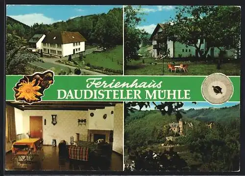 AK Neuerburg / Eifel, Pension Bärbel Müller mit Innen- und Gartenansicht, Daudistel 5-7, die Burg