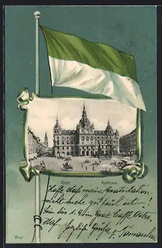 Lithographie Graz, Blick auf das Rathaus, Grün-weisse Flagge im Passepartout