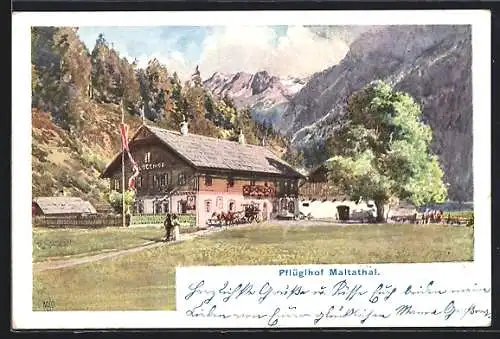 Künstler-AK Malta, Partie im Maltatal mit Blick auf den Gasthof Pflüglhof, Alpenmassiv