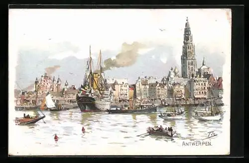 Künstler-AK Antwerpen, Hafen mit Schiffen und Booten