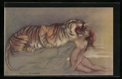 Künstler-AK A. Zandrino: Nackte Frau mit brüllendem Tiger