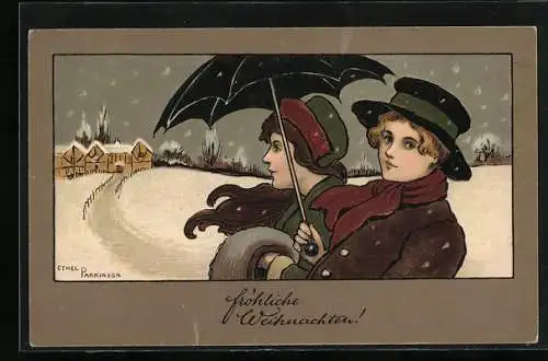 Künstler-AK Ethel Parkinson: Paar mit Schirm im Schnee