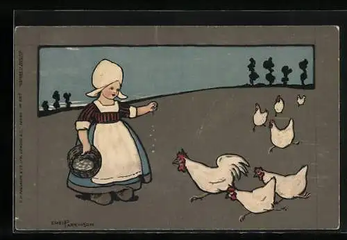 Künstler-AK Ethel Parkinson: Mädchen in holländischer Tracht füttert Hühner