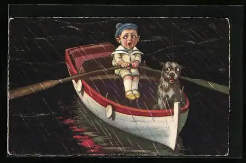Künstler-AK E. Colombo: Kleiner Matrose und sein Hund im Ruderboot bei Regen