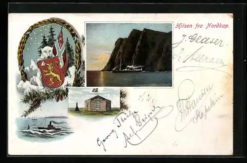 AK Nordkap, Felsen und Dampfer, Haus und Denkmal, Eisbär mit Wappen unterm Sternenhimmel