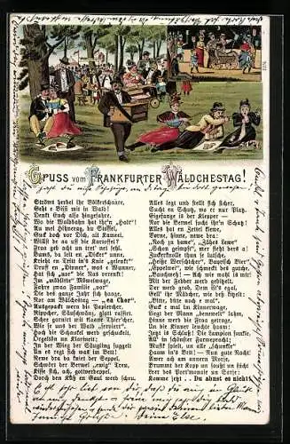 Lithographie Frankfurt, Volksfest Wäldchestag, Festwiese mit verliebten Paaren, Leierkastenspieler