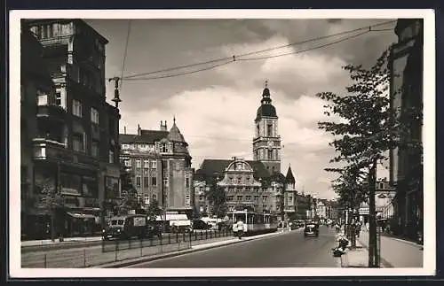 AK Berlin-Friedenau, Rathaus und Rheinstrasse mit Strassenbahn