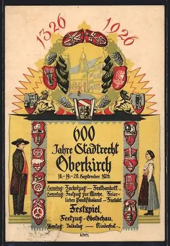 Lithographie Oberkirch / Baden, 600 Jahre Stadtrecht 1926, Ortspartie, Trachten, Wappen, Festpostkarte