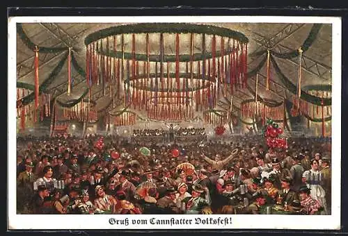 Künstler-AK Cannstadt, Volksfest, Feiernde Gäste im Festsaal, mit Orchester