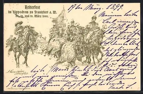 Künstler-AK Frankfurt, Reiterfest im Hippodrom 1899, Reitertruppe