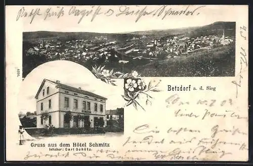 AK Betzdorf a. d. Sieg, Hotel Schmitz, Ortsansicht aus der Vogelschau