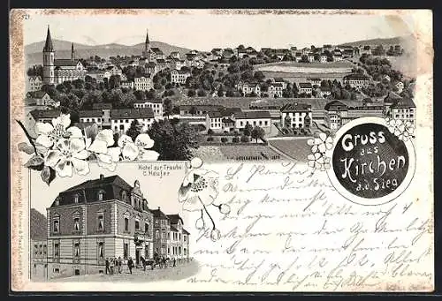 Lithographie Kirchen a. d. Sieg, Hotel zur Traube von C. Heufer, Ortsansicht