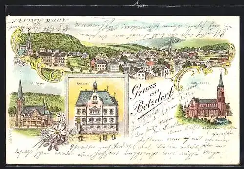 Lithographie Betzdorf, Rathaus, ev. und kath. Kirche, Ortsansicht