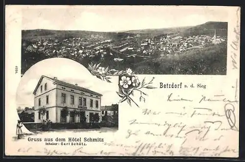 AK Betzdorf a. d. Sieg, Hotel Schmitz von Carl Schütz, Ortsansicht