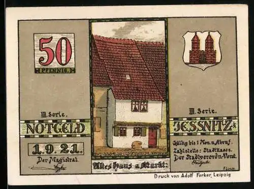 Notgeld Jessnitz 1921, 50 Pfennig, Altes Haus am Markt