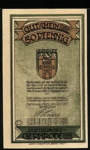 Notgeld Gernrode 1921, 50 Pfennig, Wappen