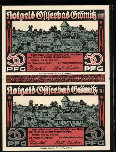 Notgeld Grömitz i. Holst. 1921, 50 Pfennig, Ortsansicht, Strandleben