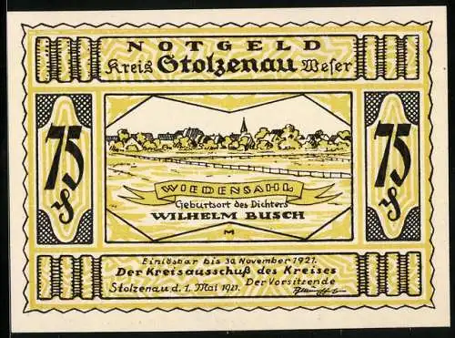 Notgeld Stolzenau / Weser 1921, 75 Pfennig, Wiedensahl Geburtsort des Dichters Wilhelm Busch
