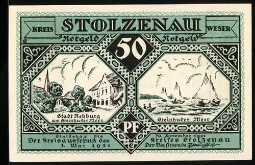 Notgeld Stolzenau 1921, 50 Pfennig, Stadt Rehburg am Steinhuder Meer und Boote auf See