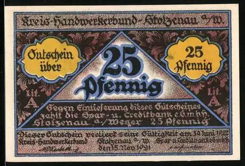 Notgeld Stolzenau, 1920, 25 Pfennig, Dreieckesdesign Handwerkskunst und Barber Szene