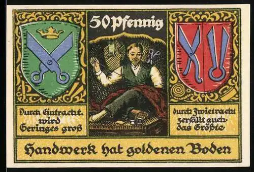 Notgeld Stolzenau /Weser 1921, 50 Pfennig, Handwerker mit Symbolen des Handwerks und Sprüchen
