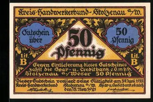 Notgeld Stolzenau 1921, 50 Pfennig, Handwerksdesign mit Kuh, Bäcker und Pferd in goldener Verzierung