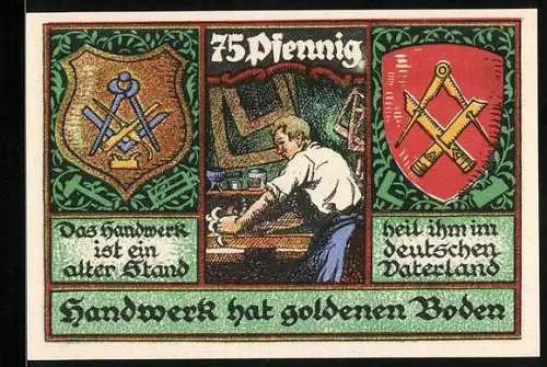 Notgeld Stolzenau 1921, 75 Pfennig, Handwerker an Werkbank und Wappen mit Werkzeugen