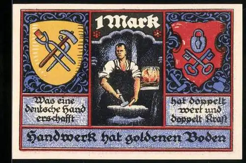 Notgeld Stolzenau 1922, 1 Mark, Handwerksmotiv mit farbigen Wappen und Inschrift