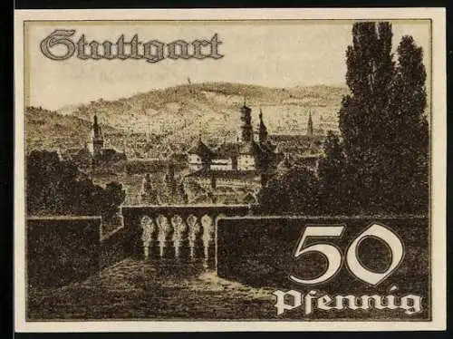 Notgeld Stuttgart, 1921, 50 Pfennig, Stadtansicht mit Amtssiegel und Pferdemotiv