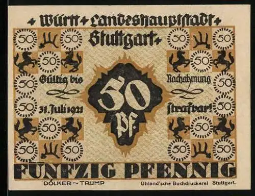 Notgeld Stuttgart 1921, 50 Pfennig, Württemberg Landeshauptstadt, Rathaus und Wappen