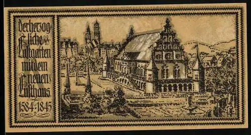 Notgeld Stuttgart 1922, 50 Pfennig, herzoglicher Lustgarten mit Lusthaus, Wappen