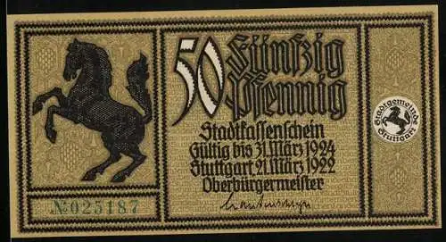 Notgeld Stuttgart 1922, 50 Pfennig, Schwarzes Pferd und Stadtplan von 1640