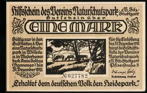 Notgeld Stuttgart 1921, 1 Mark, Hilfsschein des Vereins Naturschutzpark mit Landschaftsmotiven