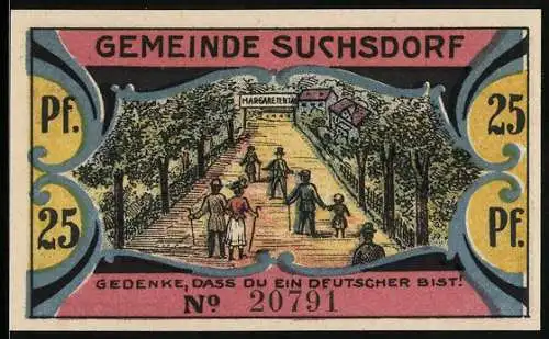 Notgeld Suchsdorf, 1921, 25 Pf, farbige Landschaft mit Spaziergängern und Wappen mit Adler