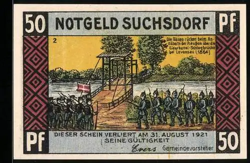 Notgeld Suchsdorf, 50 Pf, Dänen und Preussen an der Eiderkanal-Schlagbrücke, Hochbrücke bei Levensau