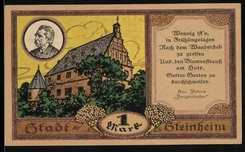Notgeld Steinheim 1921, 1 Mark, Stadtansicht und Gedicht