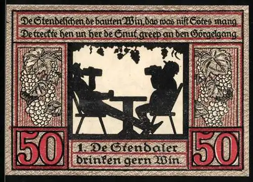 Notgeld Stendal 1921, 50 Pfennig, Männer aus Stendal trinken Wein